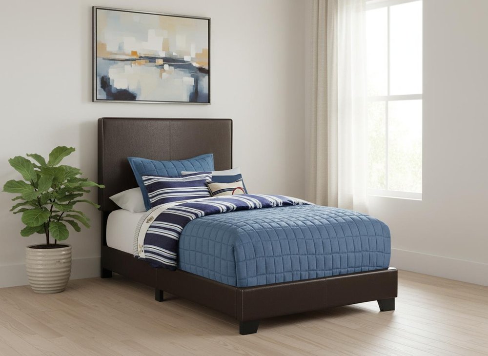Brown Solid Wood Twin Upholstered Faux Leather Bed Frame