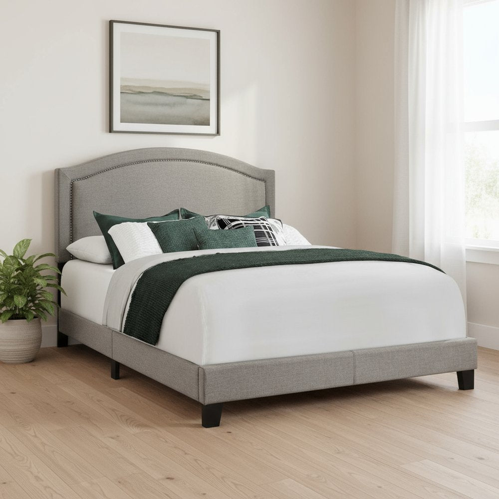Gray Solid Wood Queen Upholstered Linen Bed Frame with Nailhead Trim