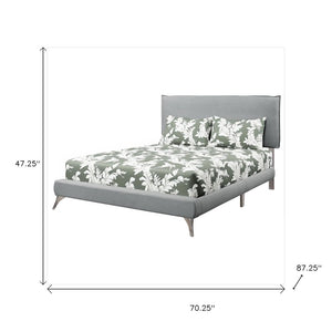 Gray Solid Wood Queen Upholstered Linen Bed Frame with Nailhead Trim