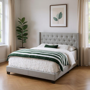 Gray Solid Wood And Tufted Linen Queen Bed Frame with Nailhead Trim