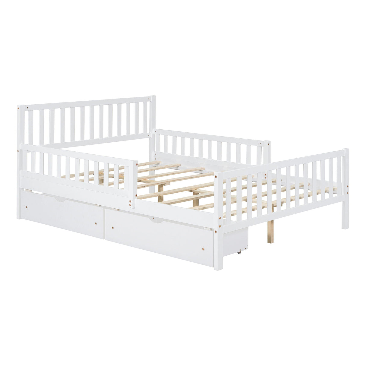 White platform bed with guardrails, featuring two storage drawers beneath. The frame has slatted sides and back, ideal for a toddler or child's room. The mattress slats are bare, without a mattress placed.