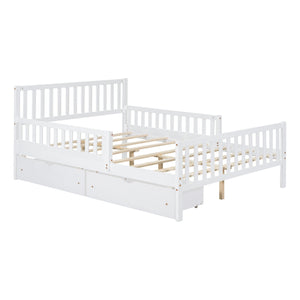 White platform bed with guardrails, featuring two storage drawers beneath. The frame has slatted sides and back, ideal for a toddler or child's room. The mattress slats are bare, without a mattress placed.