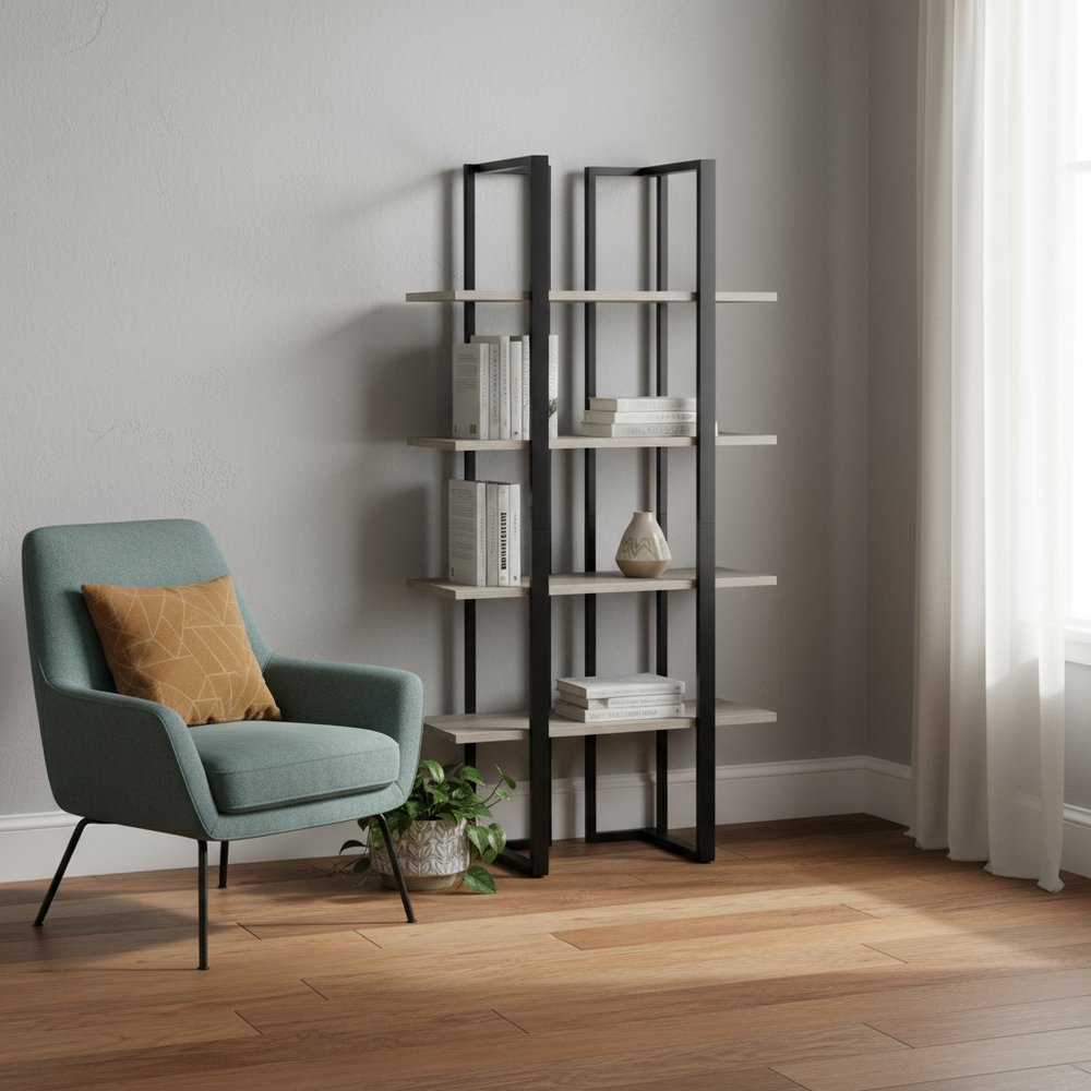 60" Gray And Black Wood And Metal End Table