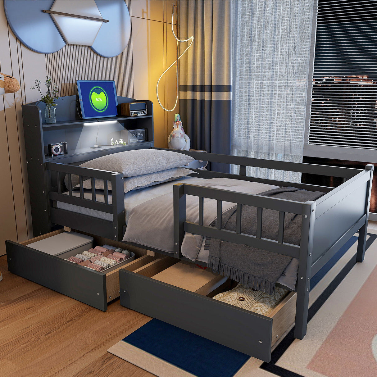 Platform Bed With LED Light, Multi Functional Headboard, Guardrail And 2 Drawers