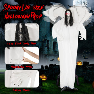 6.6 Feet Halloween Animatronic Standing Angel with Sound-Activated Light-up Eyes and Flapping Wings