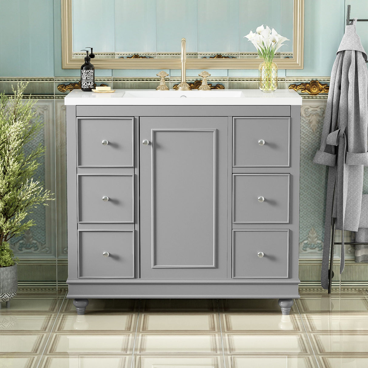 Contemporary Bathroom Vanity Cabinet, 4 Drawers & 1 Cabinet Door, Multipurpose Storage, Resin Integrated Sink, Adjustable Shelves, Solid Wood Frame With MDF by Couch.com
