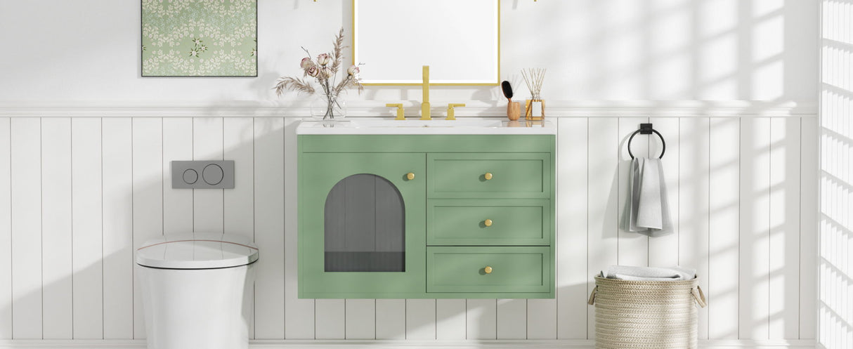 Elegant Floating Bathroom Vanity Sink And Cabinet Combo 1 Door And 2 Drawers - Green by Couch.com