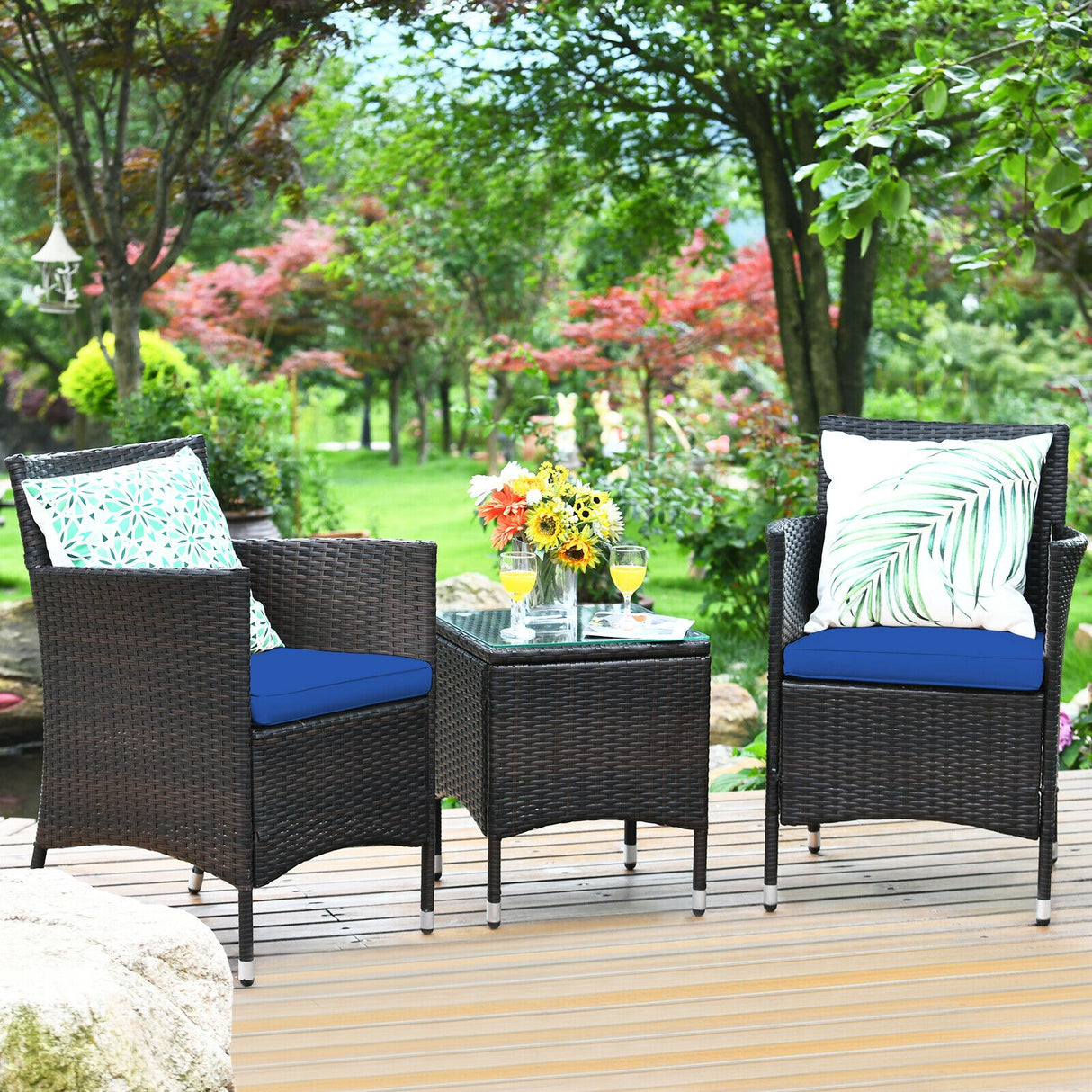 3 Pcs Outdoor Rattan Wicker Furniture Set-Blue