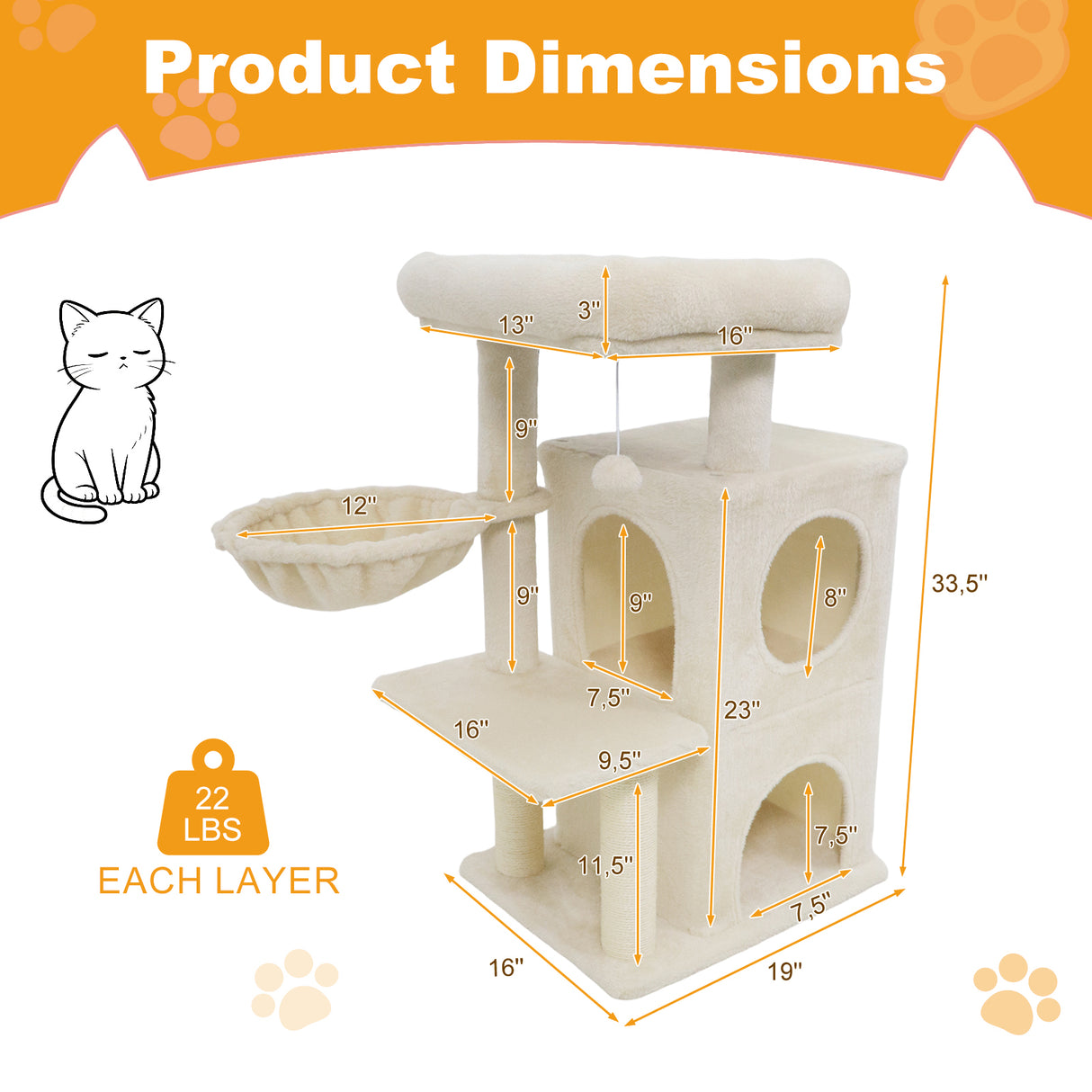 33.5 Inch Cute Kitten Tower with 2-Tier Condo and Padded Top Perch-Beige