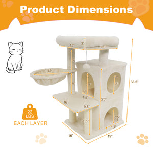 33.5 Inch Cute Kitten Tower with 2-Tier Condo and Padded Top Perch-Beige