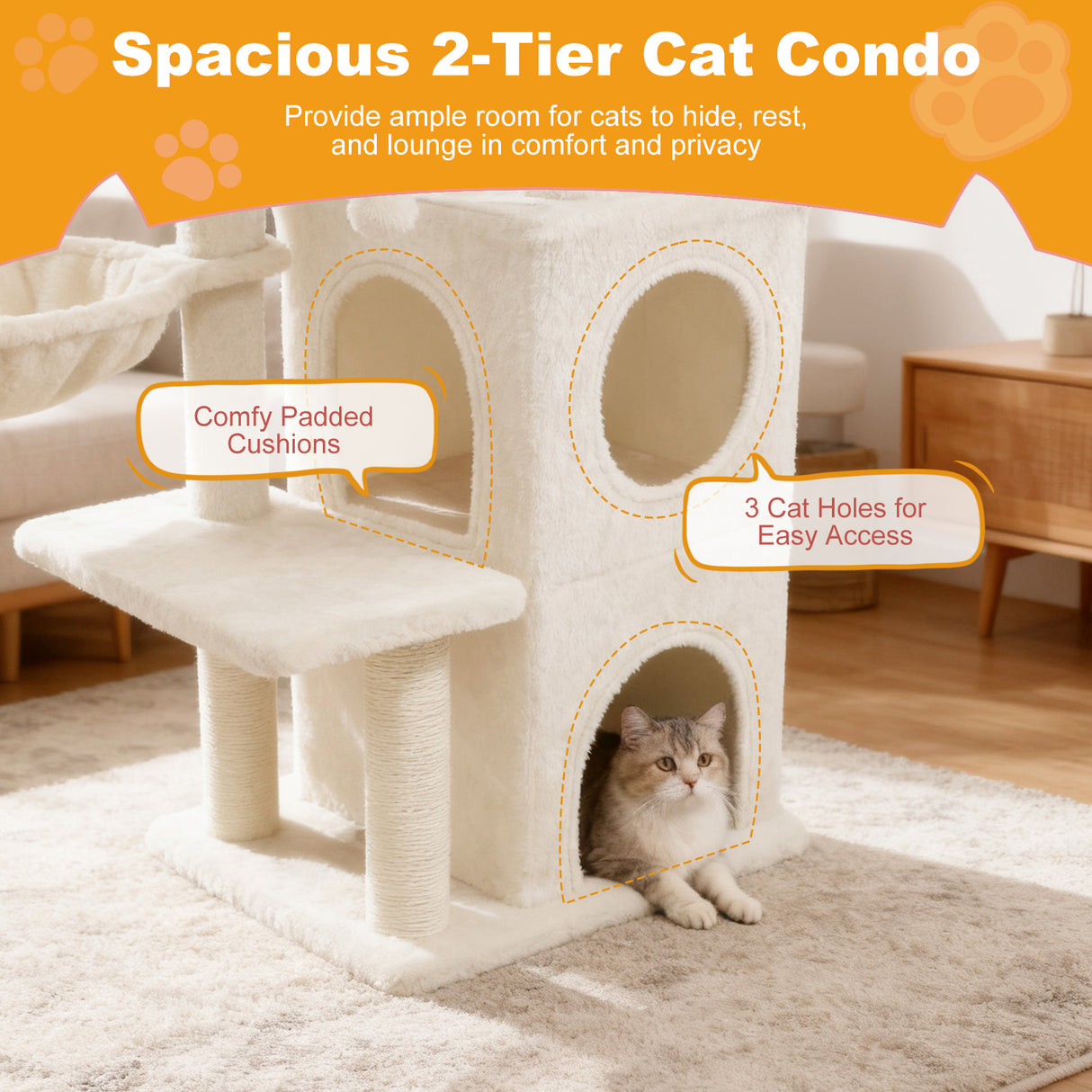 33.5 Inch Cute Kitten Tower with 2-Tier Condo and Padded Top Perch-Beige