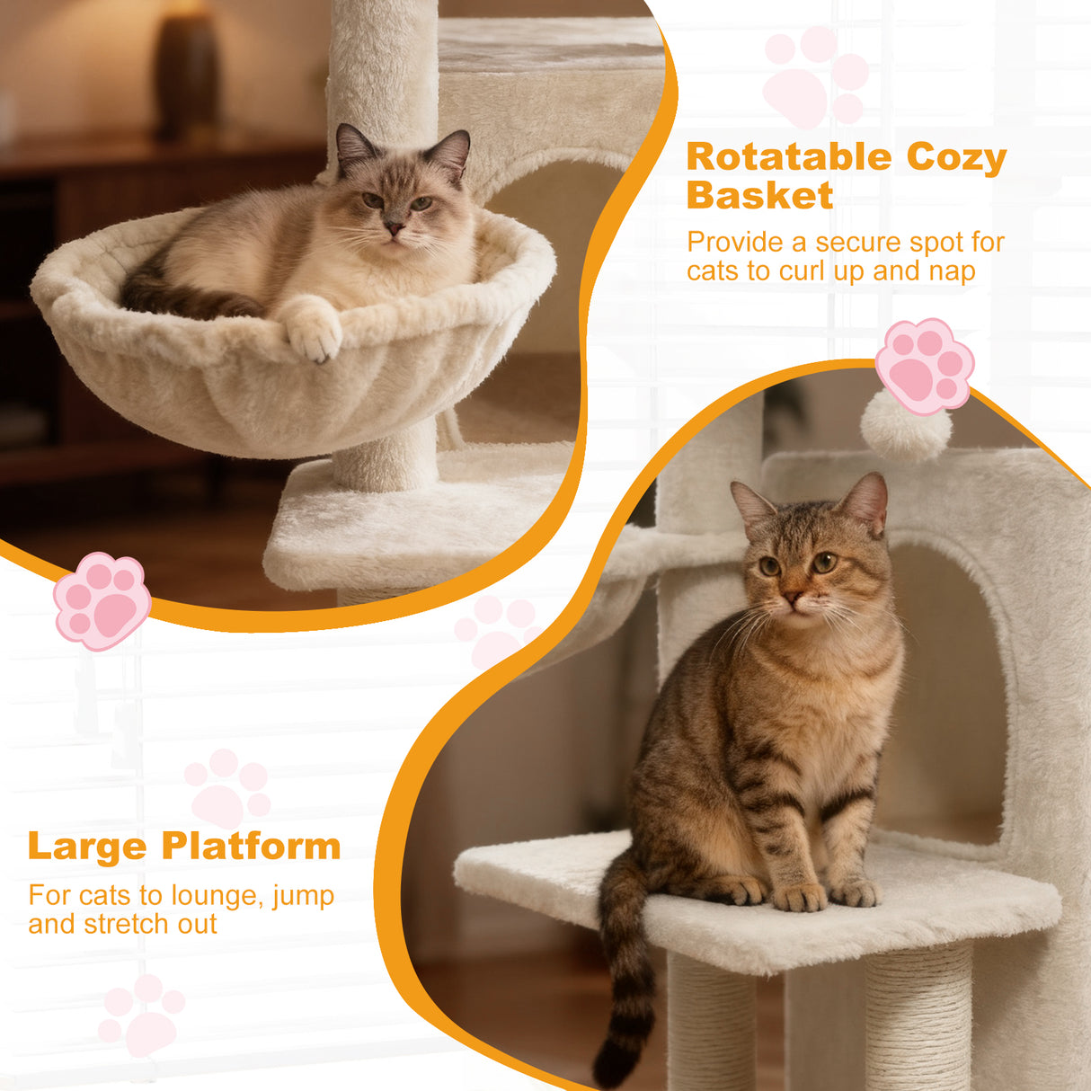 33.5 Inch Cute Kitten Tower with 2-Tier Condo and Padded Top Perch-Beige