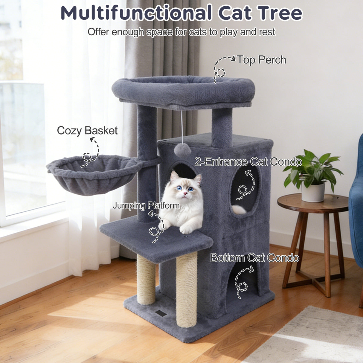 33.5 Inch Cute Kitten Tower with 2-Tier Condo and Padded Top Perch-Dark Gray