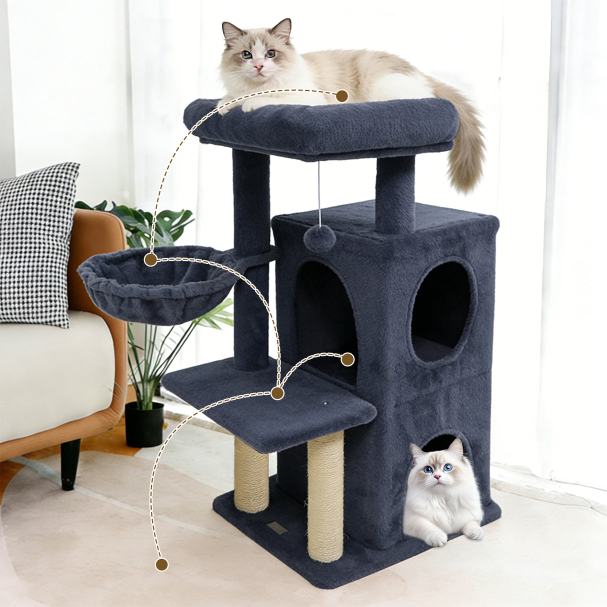 33.5 Inch Cute Kitten Tower with 2-Tier Condo and Padded Top Perch-Dark Gray