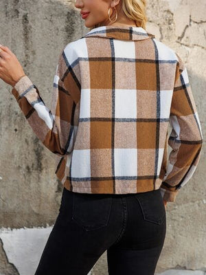 Women Brown Plaid Collared Neck Cropped Jacket Trendy & Versatile Outerwear