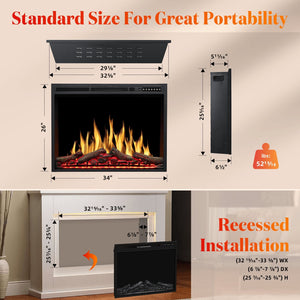 34 Inch Electric Fireplace Insert Adjuatble Flame Colors 936BXB