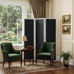 67" Black and White Chalkboard Wood Folding Three Panel Screen Room Divider