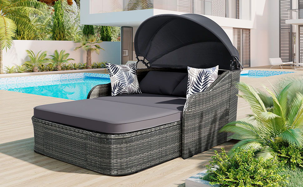 Outdoor Sunbed With Adjustable Canopy, Daybed With Pillows, Double Lounge, PE Rattan Daybed by Couch.com