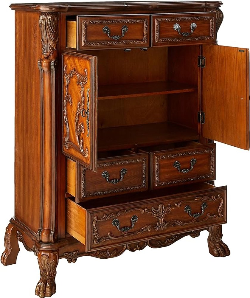 55" Brown Carved Scrollwork Solid Wood Two Door Five Drawer Combo Dresser