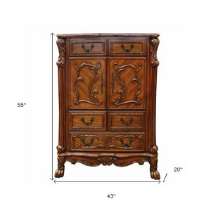 55" Brown Carved Scrollwork Solid Wood Two Door Five Drawer Combo Dresser