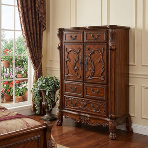 55" Brown Carved Scrollwork Solid Wood Two Door Five Drawer Combo Dresser