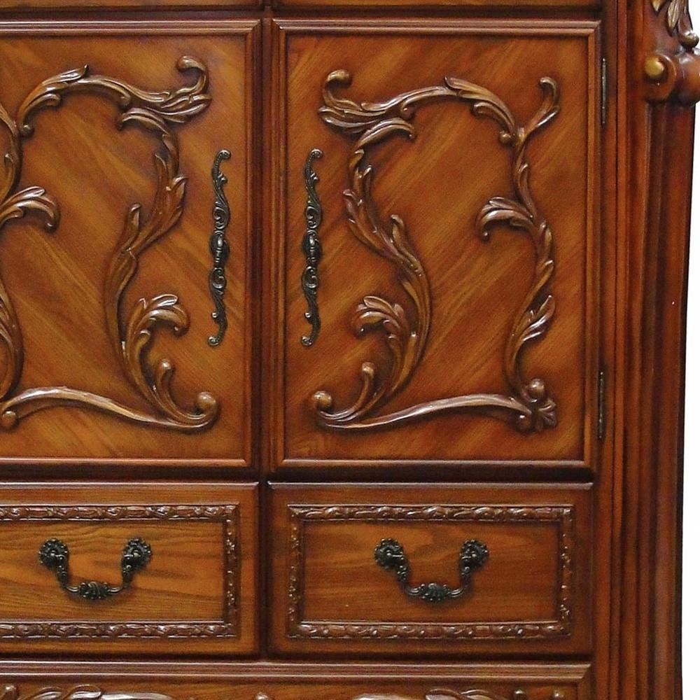 55" Brown Carved Scrollwork Solid Wood Two Door Five Drawer Combo Dresser