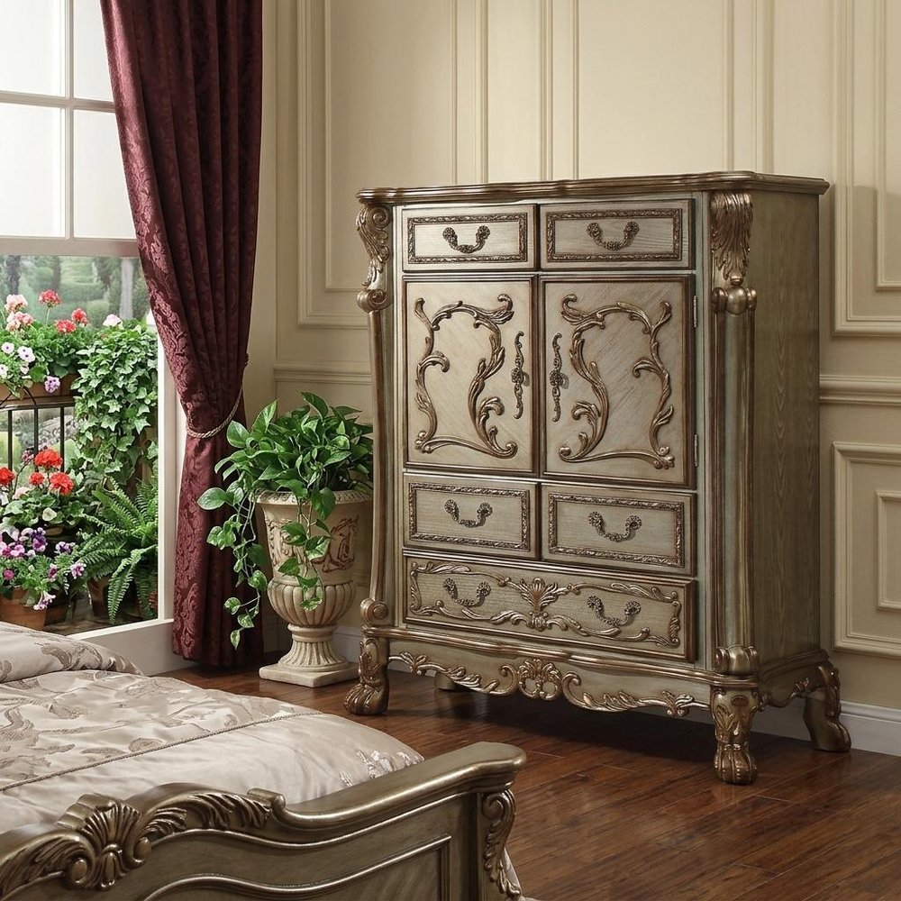 55" Bone Carved Scrollwork Solid Wood Two Door Five Drawer Combo Dresser