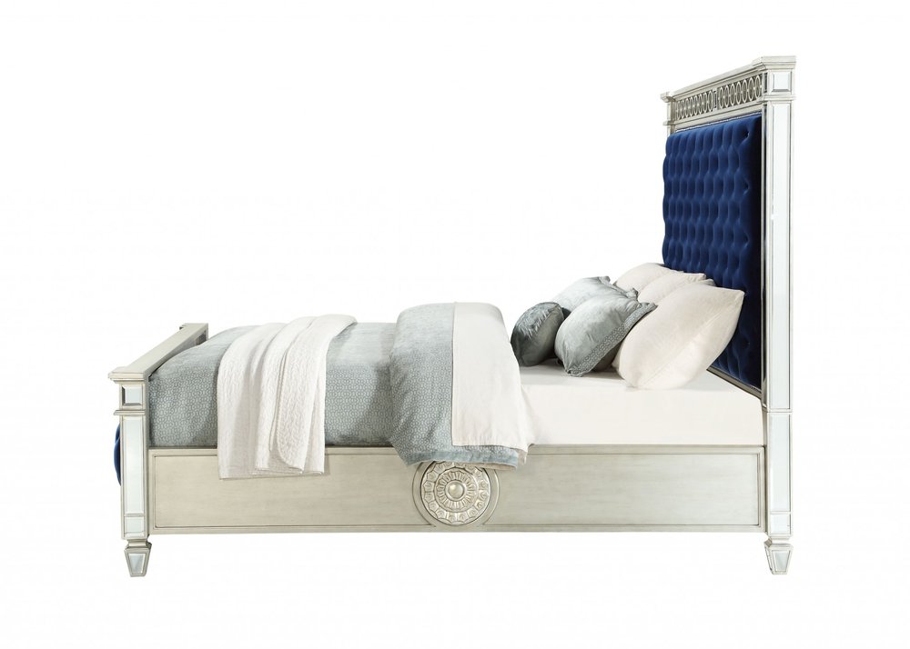 Blue Queen Tufted Upholstered Velvet Bed Frame with Nailhead Trim