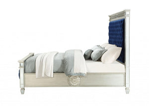 Blue Queen Tufted Upholstered Velvet Bed Frame with Nailhead Trim