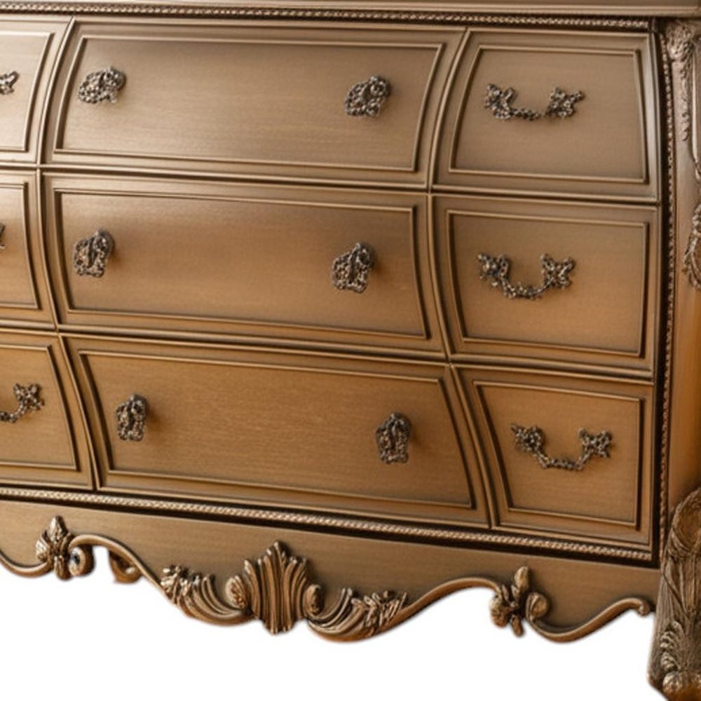 73" Brown Carved Scrollwork Solid Wood Eleven Drawer Triple Dresser