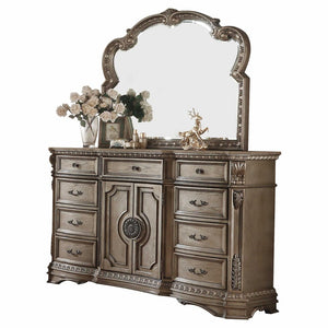 42" Brown Carved Floral Solid Wood Two Door Nine Drawer Combo Dresser