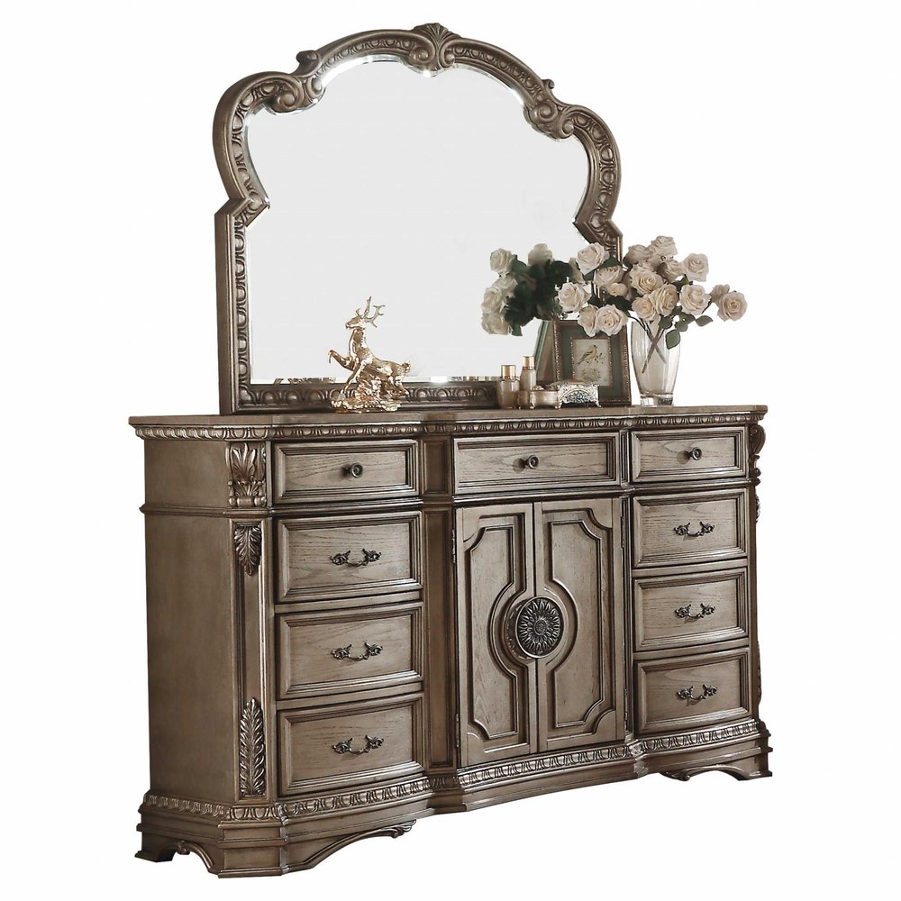 42" Brown Carved Floral Solid Wood Two Door Nine Drawer Combo Dresser