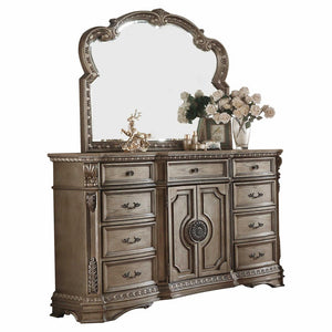 42" Brown Carved Floral Solid Wood Two Door Nine Drawer Combo Dresser