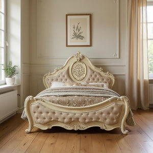 Beige Wood And Tufted Linen Queen Bed Frame With Nailhead Trim