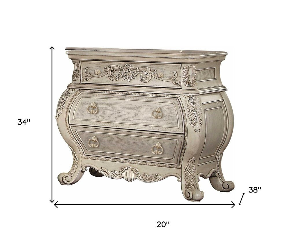 34" Antiqued White Solid Wood Three Drawer Nightstand