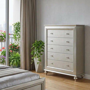 38" Champagne Faux Crystal Bling Wood Five Drawer Dresser