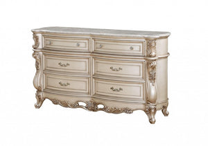 72" Antiqued White Solid Wood Six Drawer Double Dresser