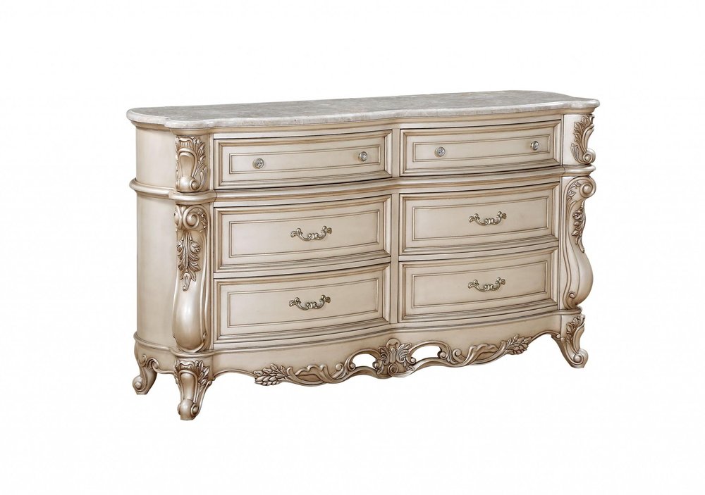 72" Antiqued White Solid Wood Six Drawer Double Dresser