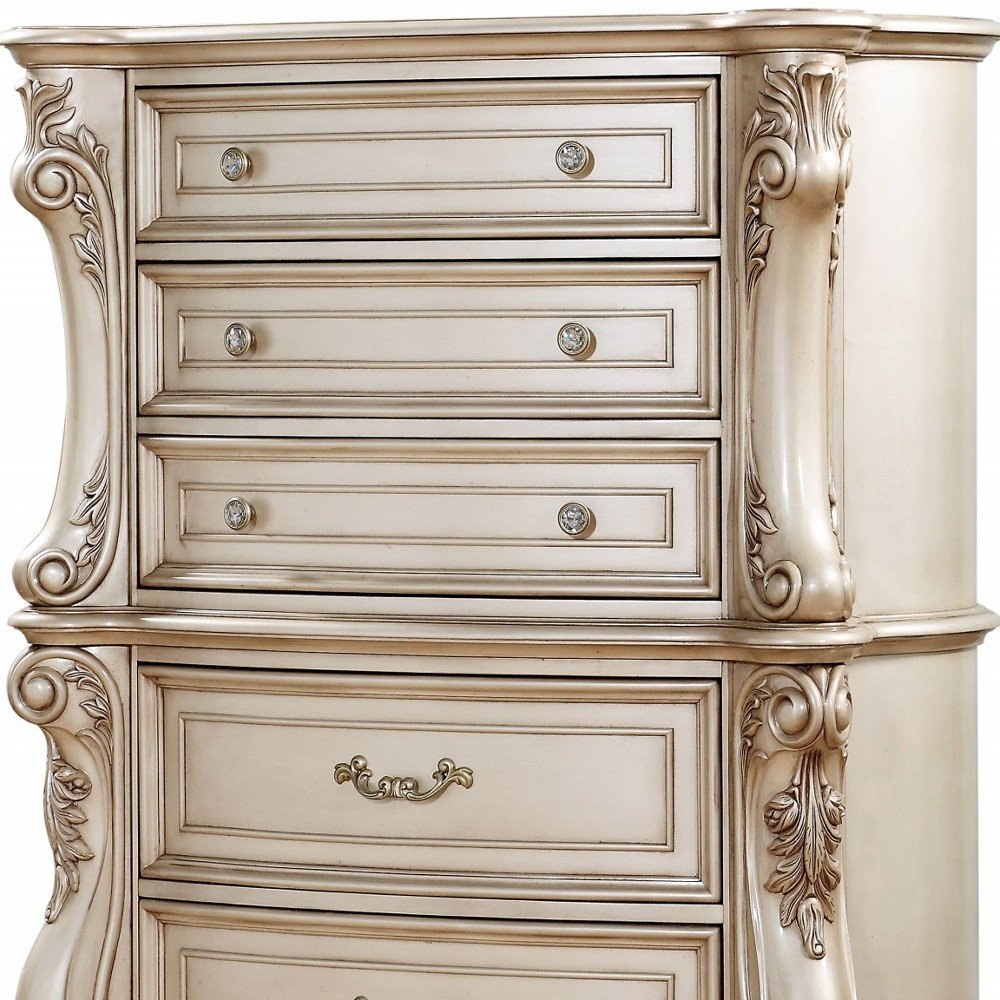 42" Antiqued White Wood Five Drawer Dresser