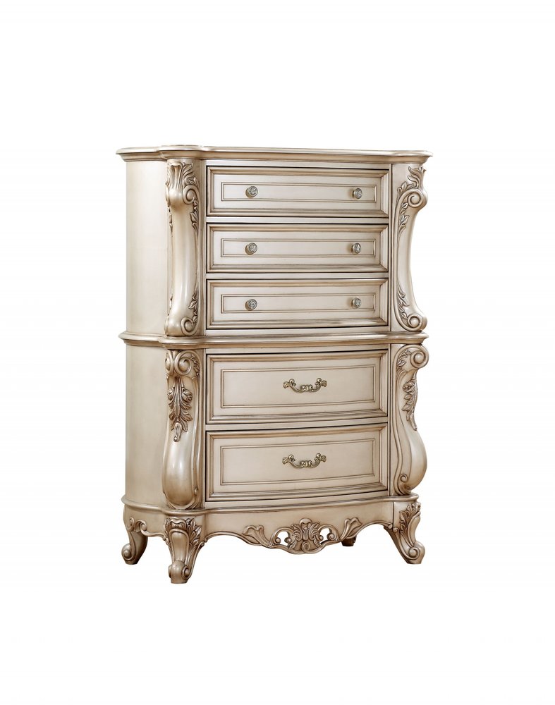 42" Antiqued White Wood Five Drawer Dresser