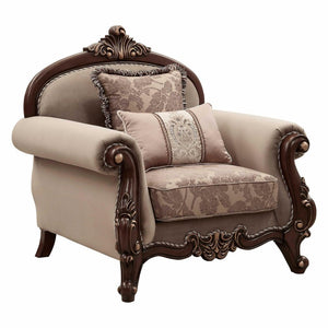 38" Beige Velvet and Wood Floral Arm Chair And Toss Pillows