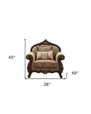 38" Beige and Brown Velvet Floral Arm Chair And Toss Pillows