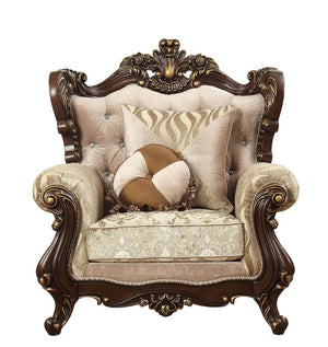 36" Beige and Brown Fabric Damask Tufted Arm Chair And Toss Pillows