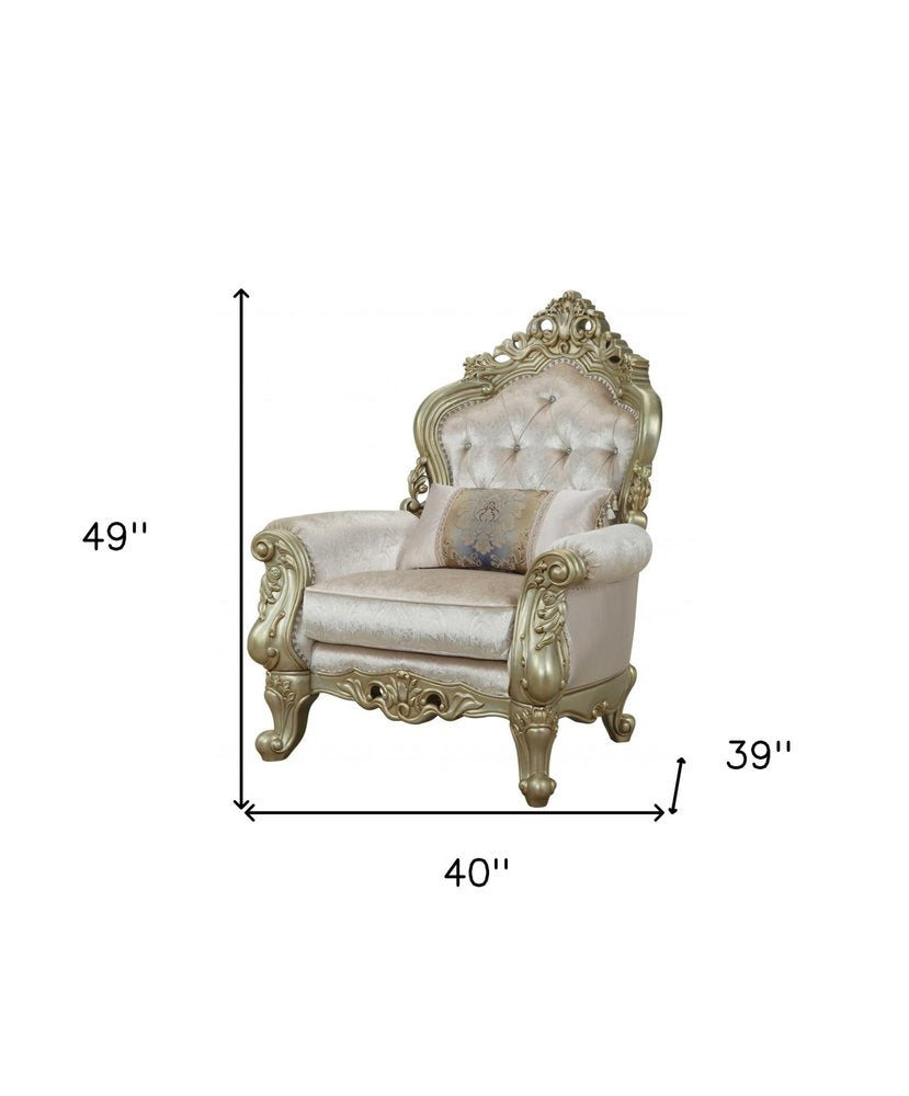 40" Cream and Antiqued White Fabric Damask Tufted Arm Chair And Toss Pillow