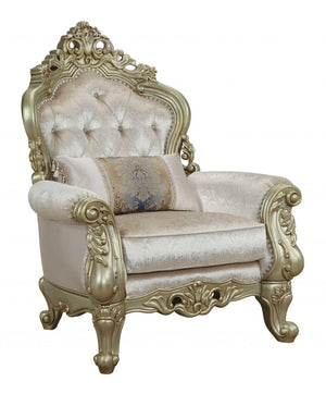 40" Cream and Antiqued White Fabric Damask Tufted Arm Chair And Toss Pillow