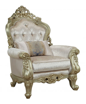 40" Cream and Antiqued White Fabric Damask Tufted Arm Chair And Toss Pillow
