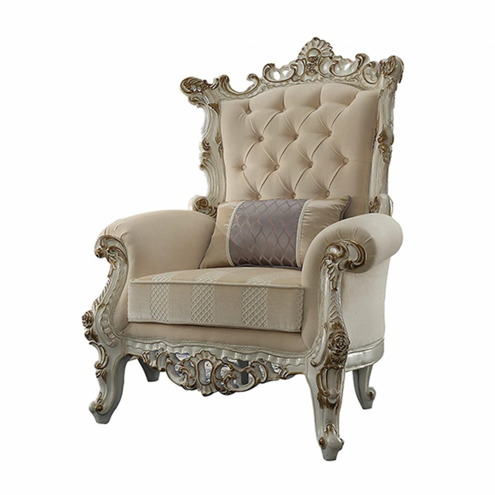 38" Pearl Fabric Striped Tufted Chesterfield Chair And Toss Pillow