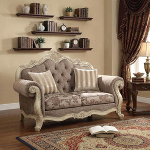 69" Brown And Platinum Damask Chesterfield Loveseat