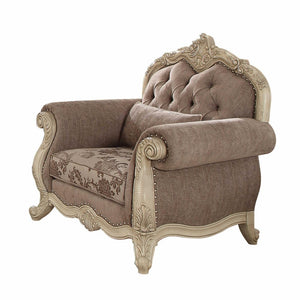 35" Gray and Antiqued White Fabric Floral Tufted Chesterfield Chair And Toss Pillow