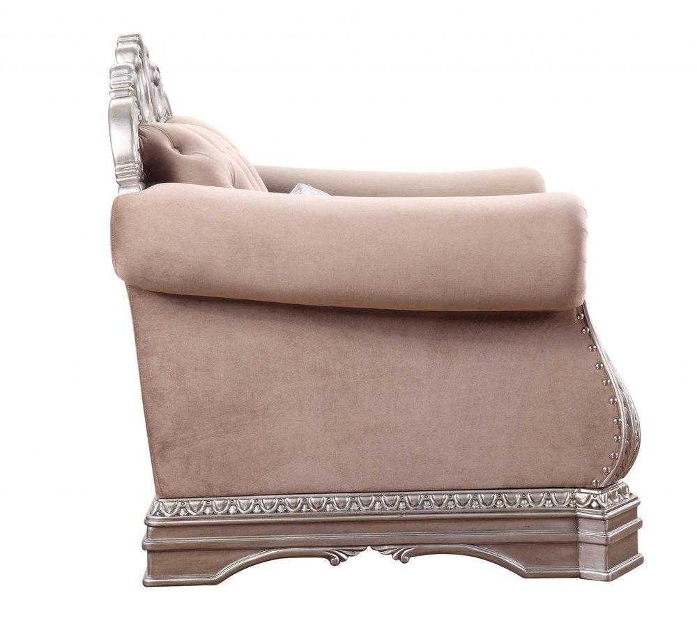 42" Cherry Blossom Pink and Silver Velvet Tufted Arm Chair And Toss Pillow